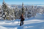 En montant vers le sommet de la Dent de Vaulion dans 50cm de poudre.
Het zonnetje in het gezicht, poeder sneeuw op de grond en de alpen op de achtergrond.